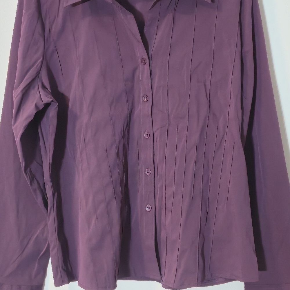 Reitmans XL Pleated Blouse Deep Plum Button-Up Stretch Y2K Retro Office Minimal - Picture 2 of 13